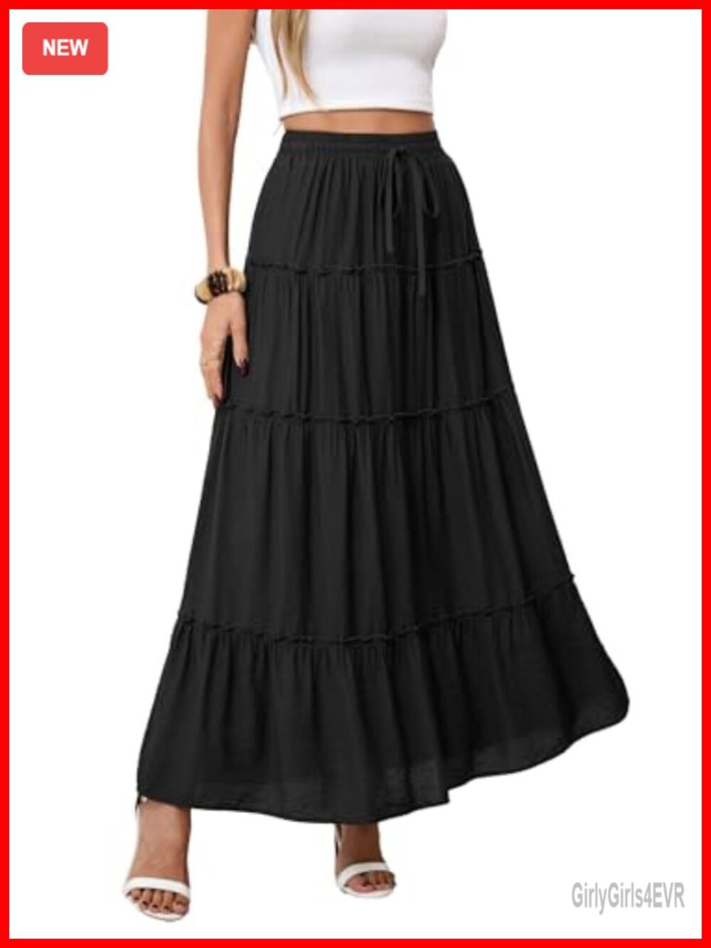 Women Maxi Skirt Rayon Nylon A-Line Tiered Ruffle Elastic High Waist Drawstring
